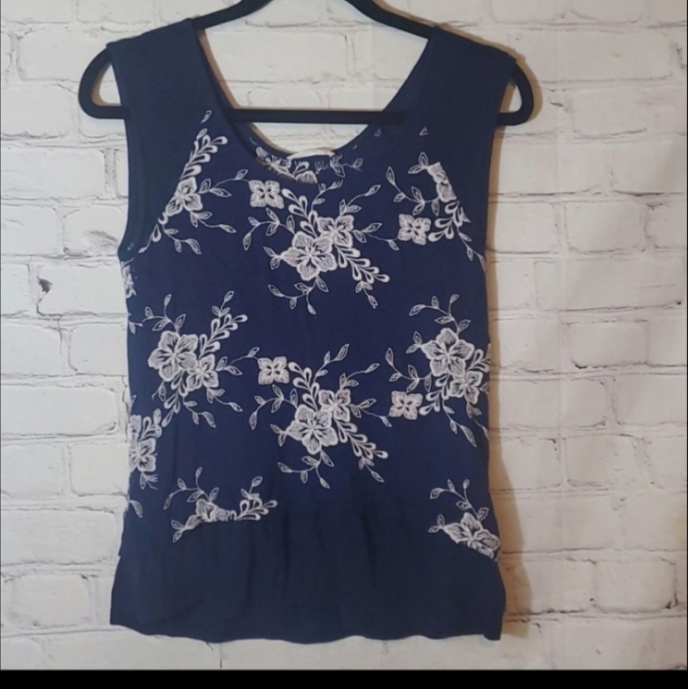 Le Lis Navy Blue Sleeveless Top with Ivory Floral Embroidery